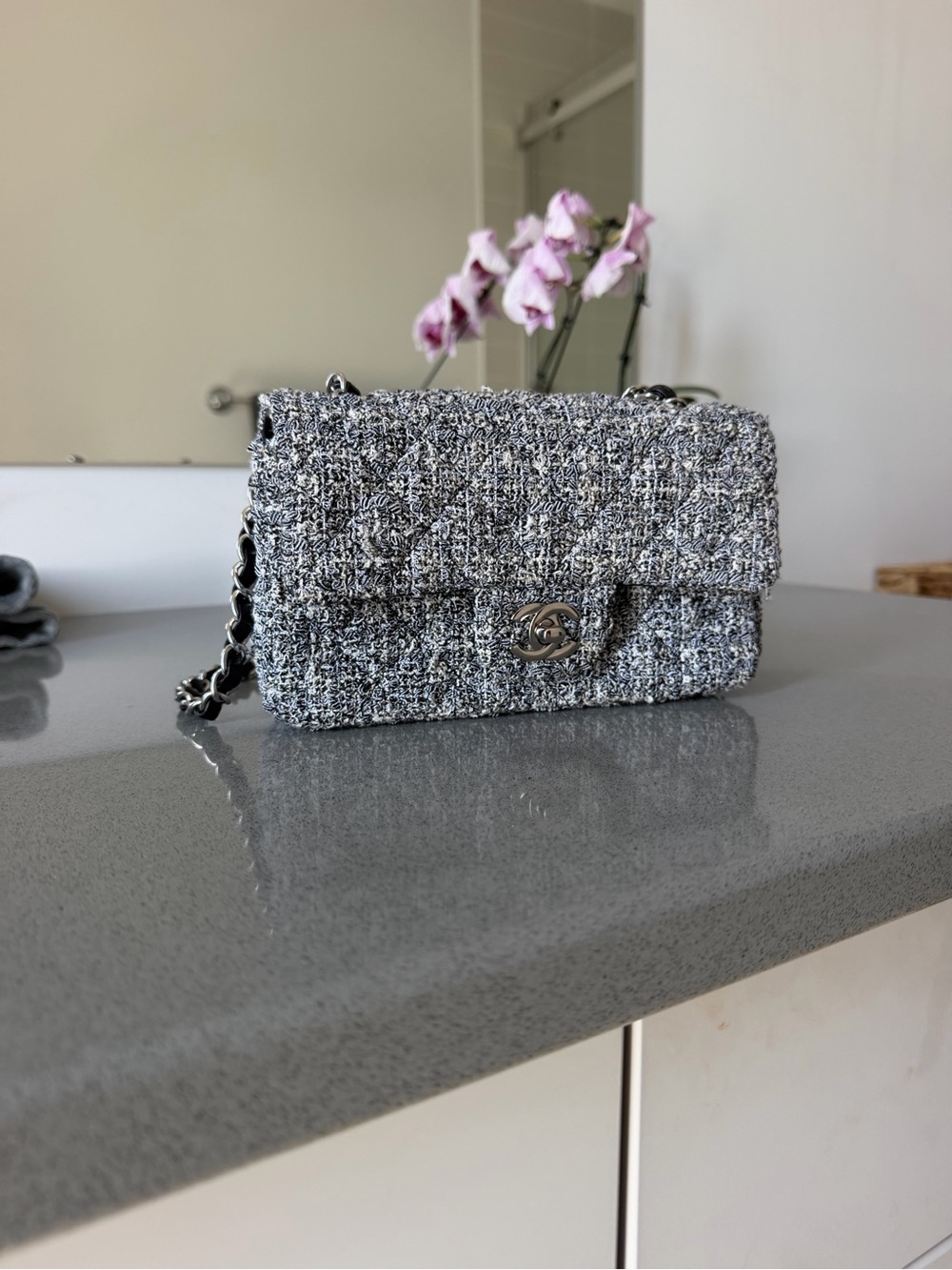 CHANEL Tweed Chain Crossbody Bag - Gray